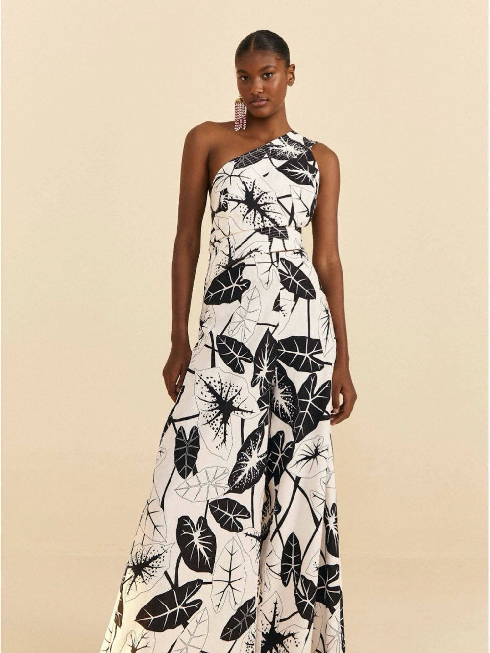 FARM Rio Black & White Wide-Leg Jumpsuit with Leaf Print